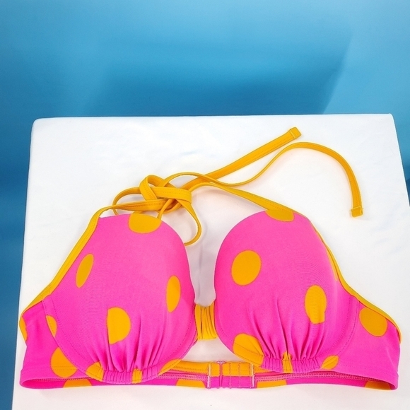 Aerie 36C hot pink and yellow polka dot halter bikini top - Picture 4 of 14